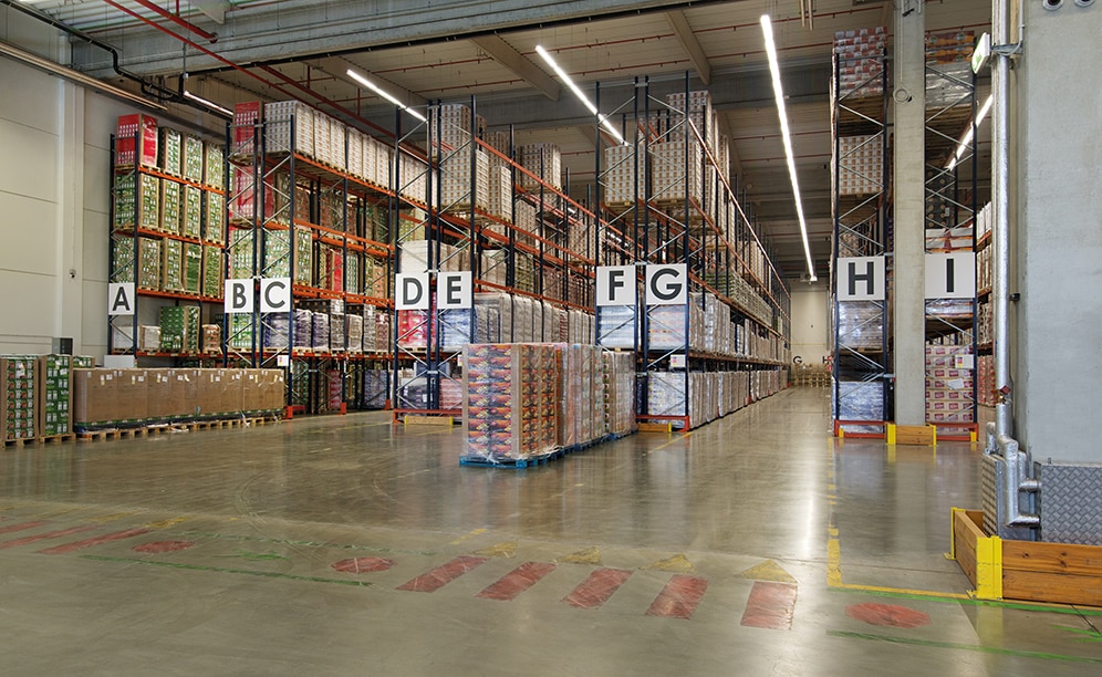 Un total de 4.800 estibas es la capacidad de almacenaje que ofrecen los siete estanterías selectivas dobles y dos simples, de 9 m de altura y 58 m de longitud, instalados por Mecalux