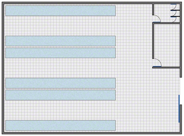 Bodega con la configuración más simple: zona de almacenaje, zona de gestión y vestuarios y aseos para el personal
