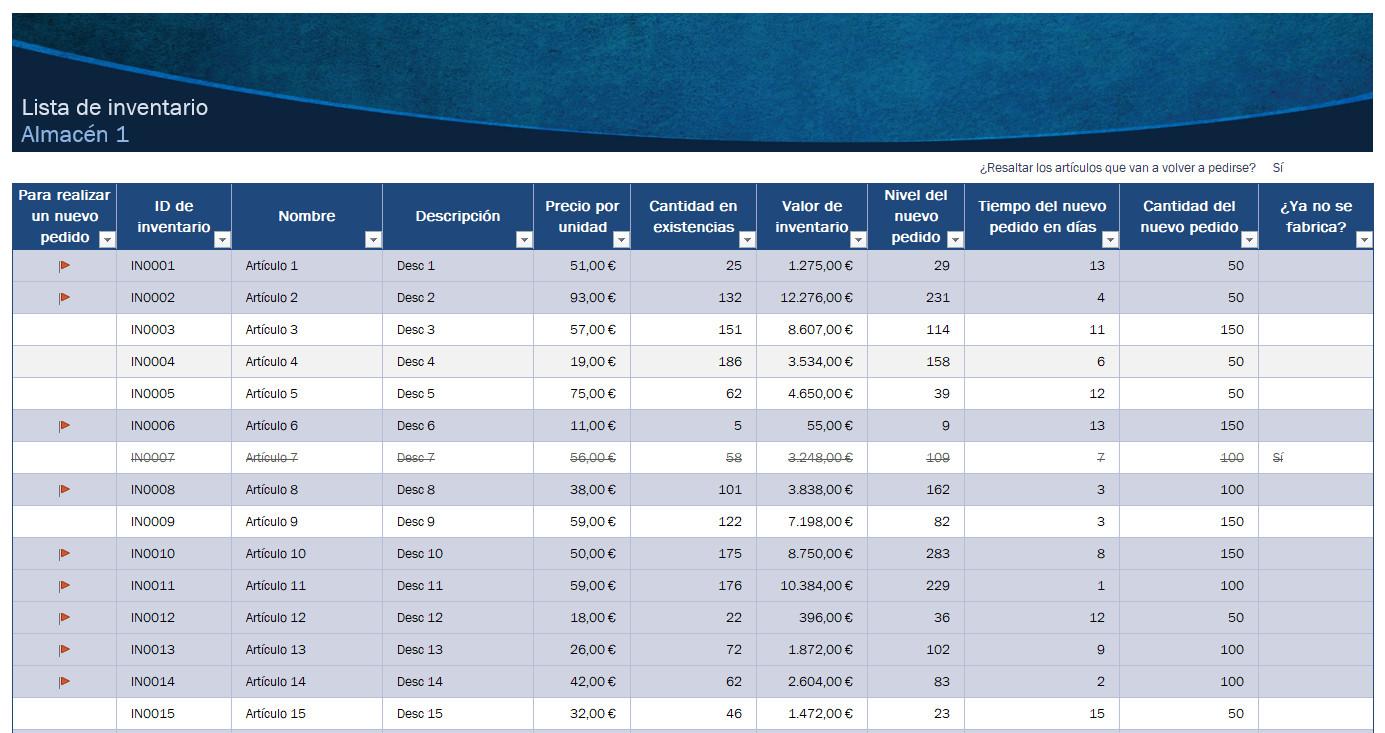 Ejemplo de plantilla para hacer inventarios en el almacén con Excel