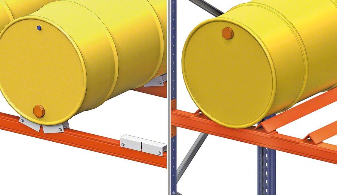 El soporte de bidón es un componente que se instala en el larguero para facilitar el almacenamiento de bidones u otros productos cilíndricos