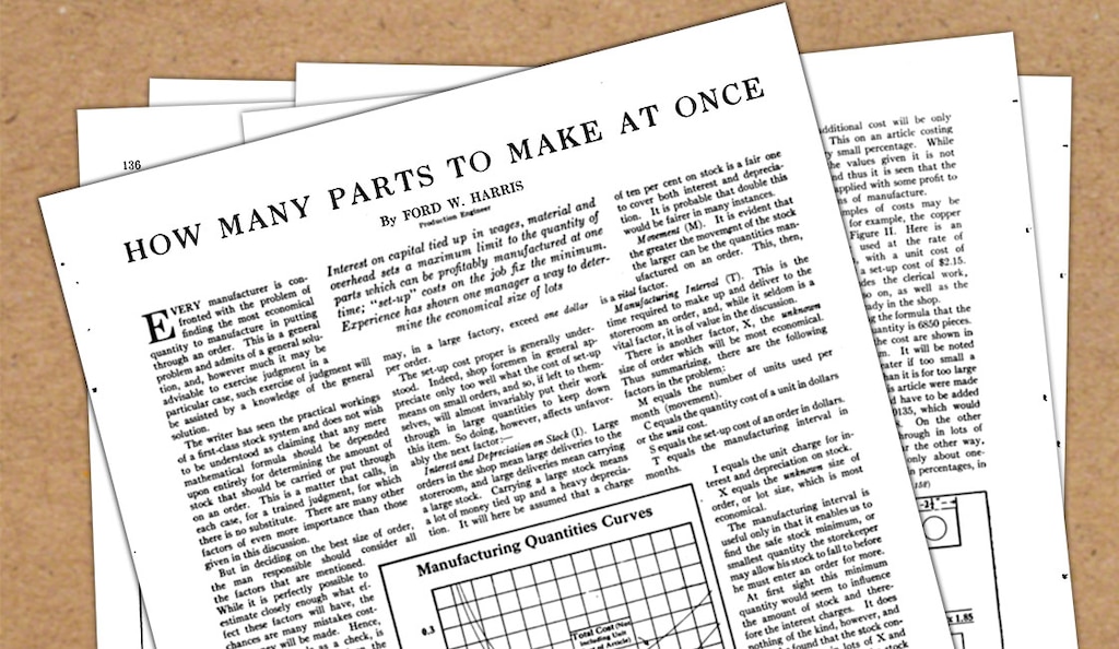 El ingeniero de producción Ford Whitman Harris dio a conocer la EOQ (Economic Order Quantity) por primera vez en la revista Factory en 1913