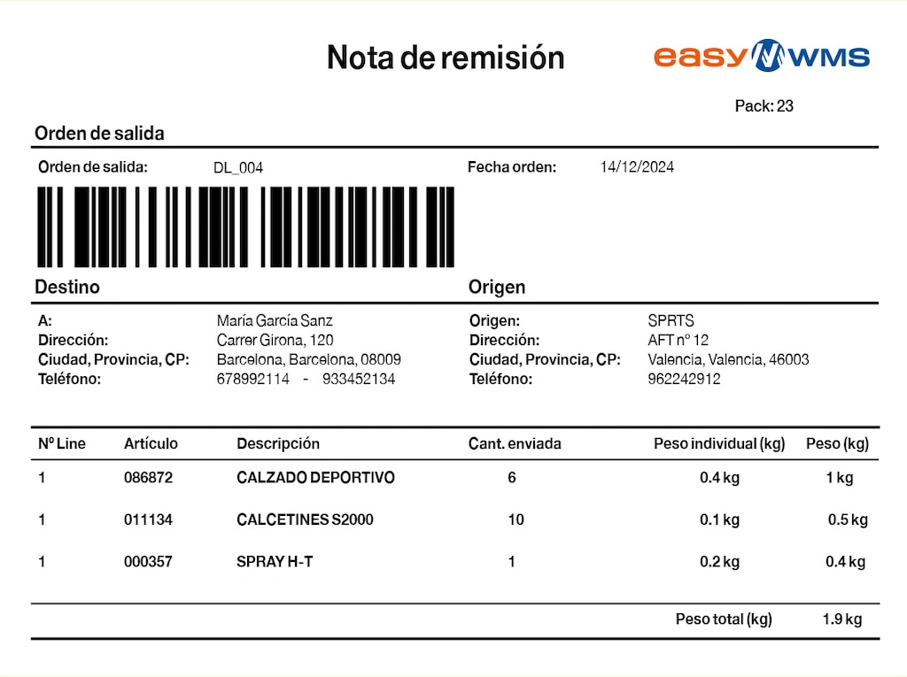 Ejemplo de nota de remisión electrónica generada por el Sistema para logística de almacenes Easy WMS de Mecalux