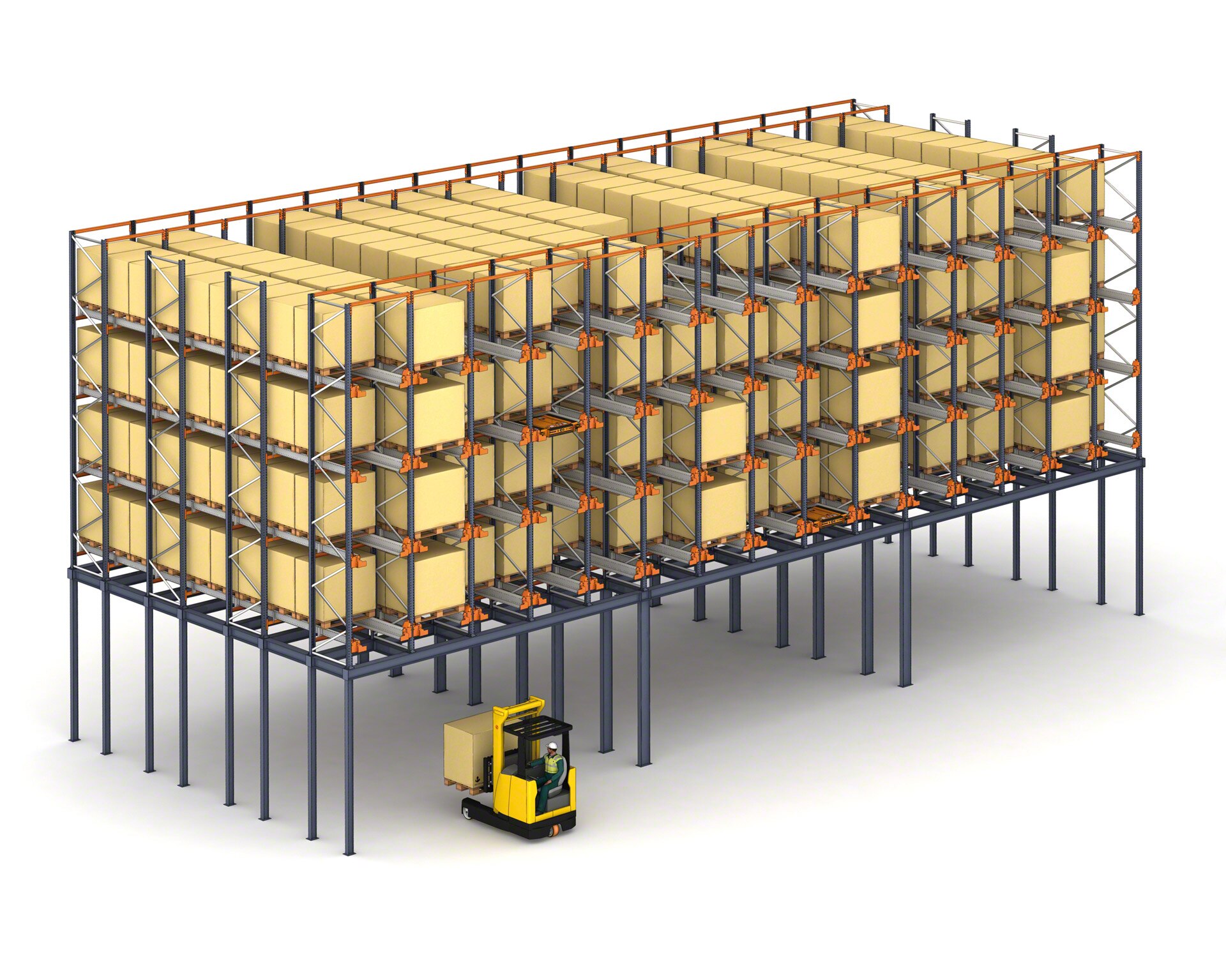 En almacenes de espacio reducido, se puede colocar el sistema Pallet Shuttle en un mezzanine estructural para aprovechar la superficie